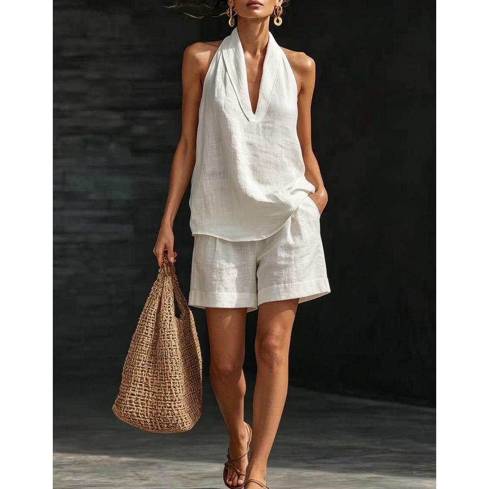 Damen Lässiges V-Ausschnitt Kurzarm Top & Weite Hosen Zweiteiliges Set, Lockeres Entspanntes Outfit für den Sommer
