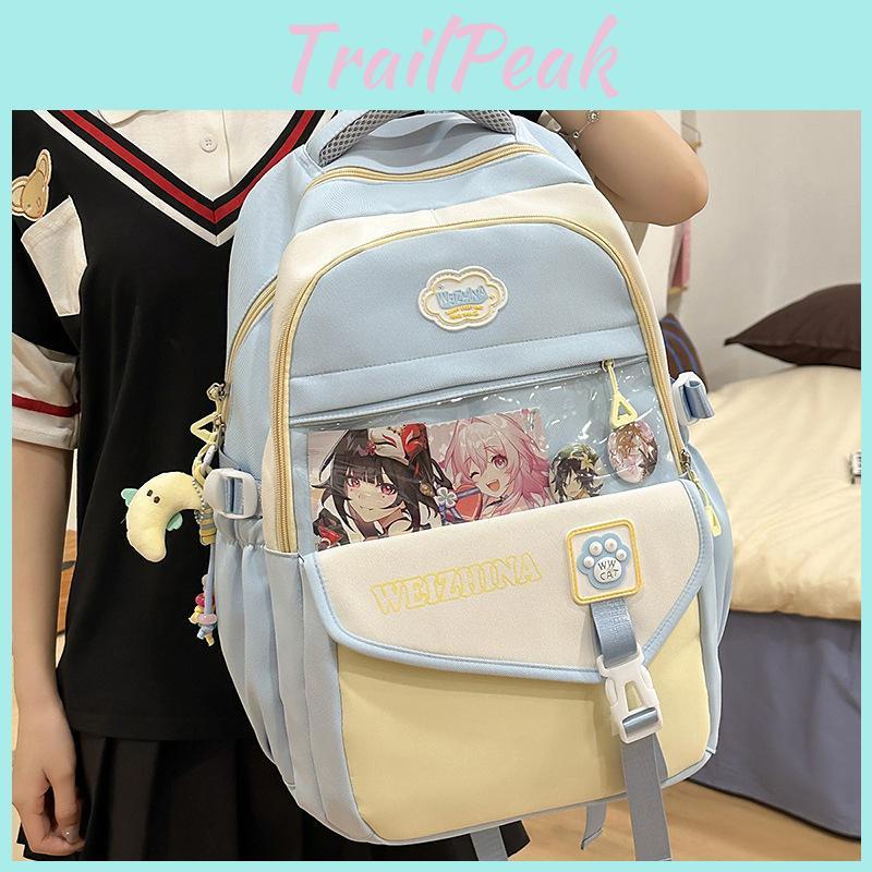 Fashionable Color Blocked Letter Printed Student Backpack With Pendant For Daily