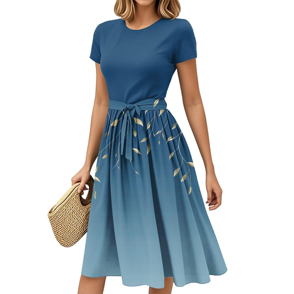 Women's Fashion Casual Belt Short Sleeve Round Neck Geometric Printing Splicing Elegant Temperament Dresses