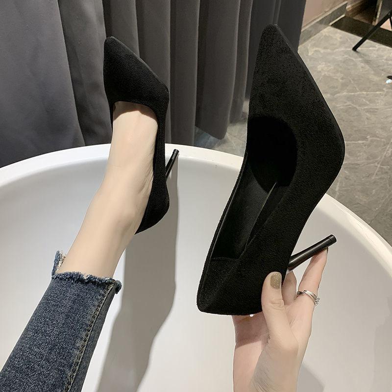 22 new student high heels etiquette bar mitzvah black suede pointed professional single shoes