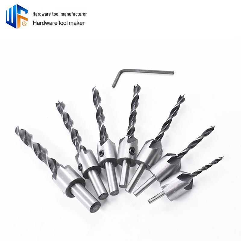 7-Piece Adjustable Three-Point Woodworking Countersink Drill Set - High-Speed Steel for Precision Chamfering and Hole Drilling