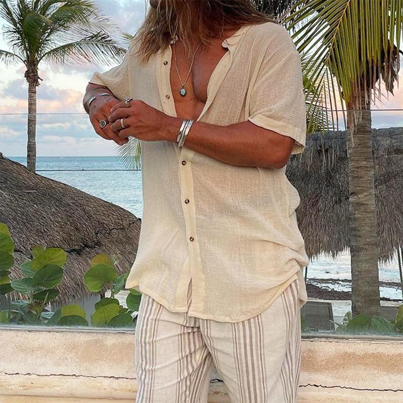 

Летняя мужская простая рубашка из хлопка и льна, однотонная, с воротником-стойкой и короткими рукавами, свободная рубашка в пляжном стиле, кардиган, рубашки мужские XXXL абрикосовый