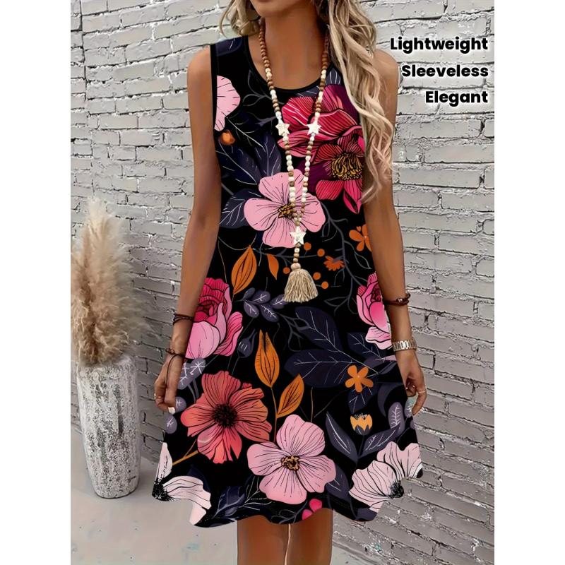 Damen Plus Size Ärmelloses A-Linien-Kleid mit Blumendruck Sommerurlaubs-Stil Kleider Y2k Damenkleidung Bohemian Strandkleider