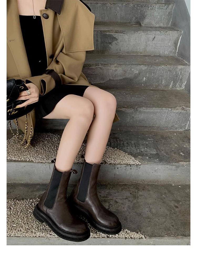 Second Hair! Grape Mother Same Shoes Shrink Pattern Washed Horse Leather Thick-soled Medium Tube Chimney Chelsea Short Boots Women's Autumn