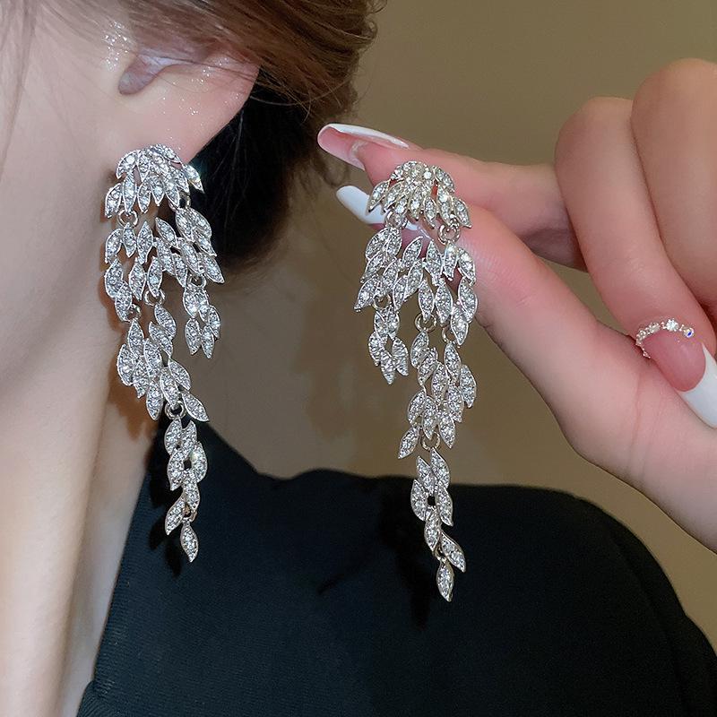 Diamond Inlaid Tassel Earrings - Silver Needle, High-End Court Style