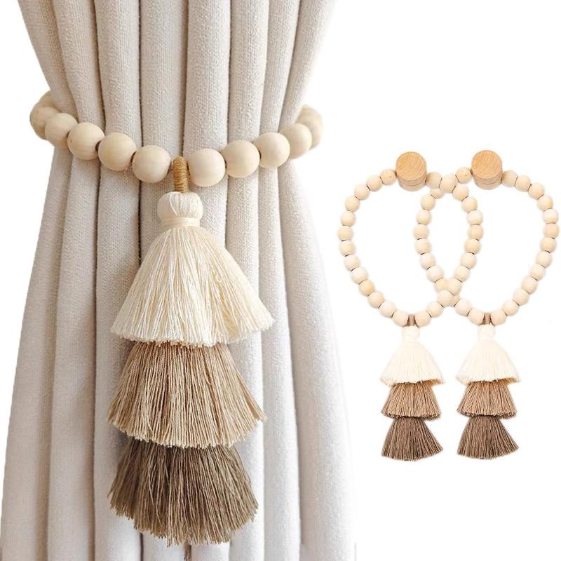 2Pcs Bohemian Curtain Clasp Wooden Bead Magnet Curtain Tie Backs With Tassel For Bedroom And Living Room Home Decoration