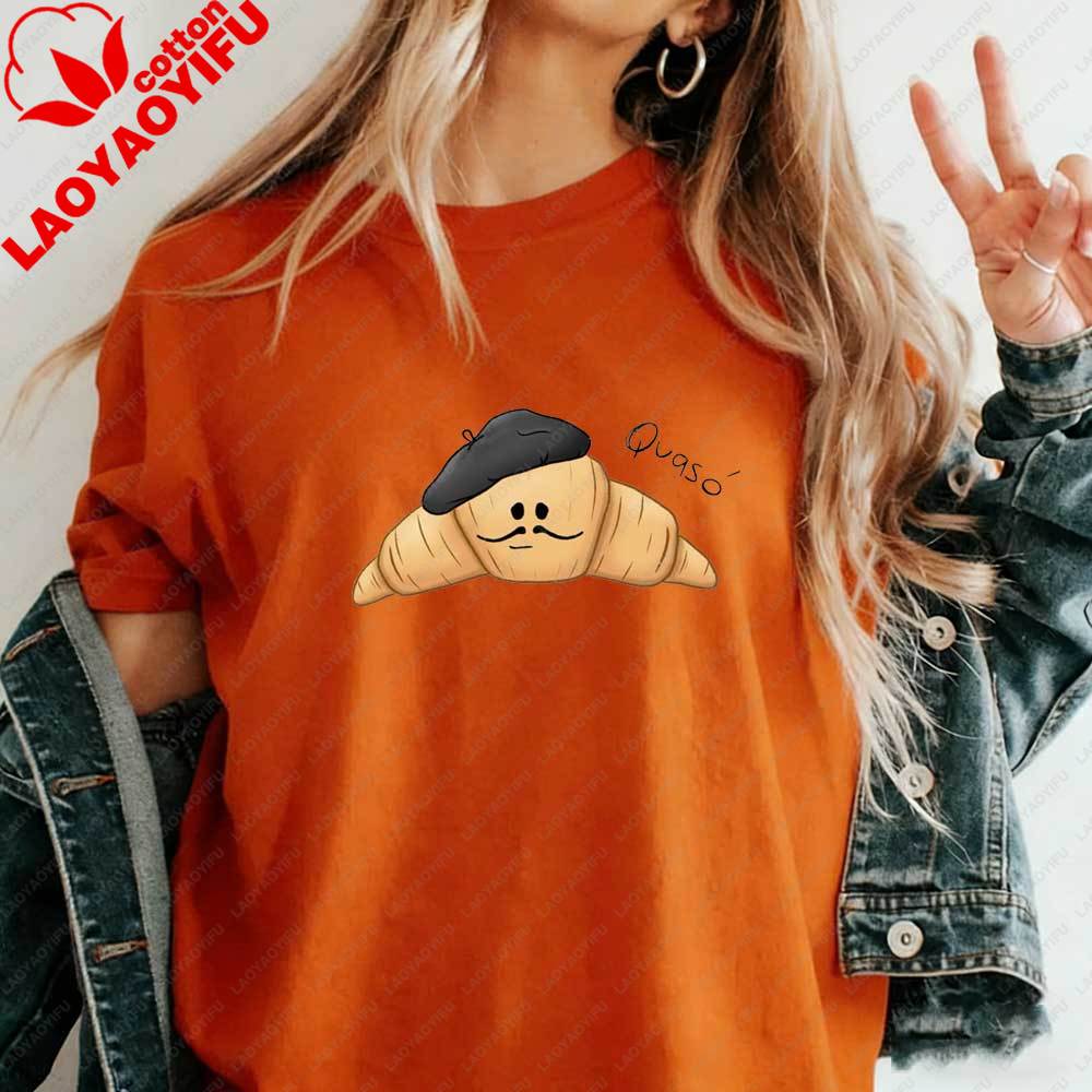 Funny French Croissant Qvaso Graphic TShirt Cute Cartoon Food Casual Cotton Short Sleeve Tshirt for Women Summer Aesthetic Tops