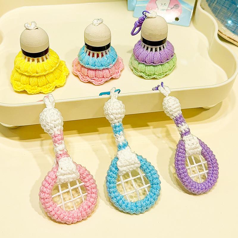 Pendant Crochet Badminton With Racket Keyring In Plush Material For Bag Decor
