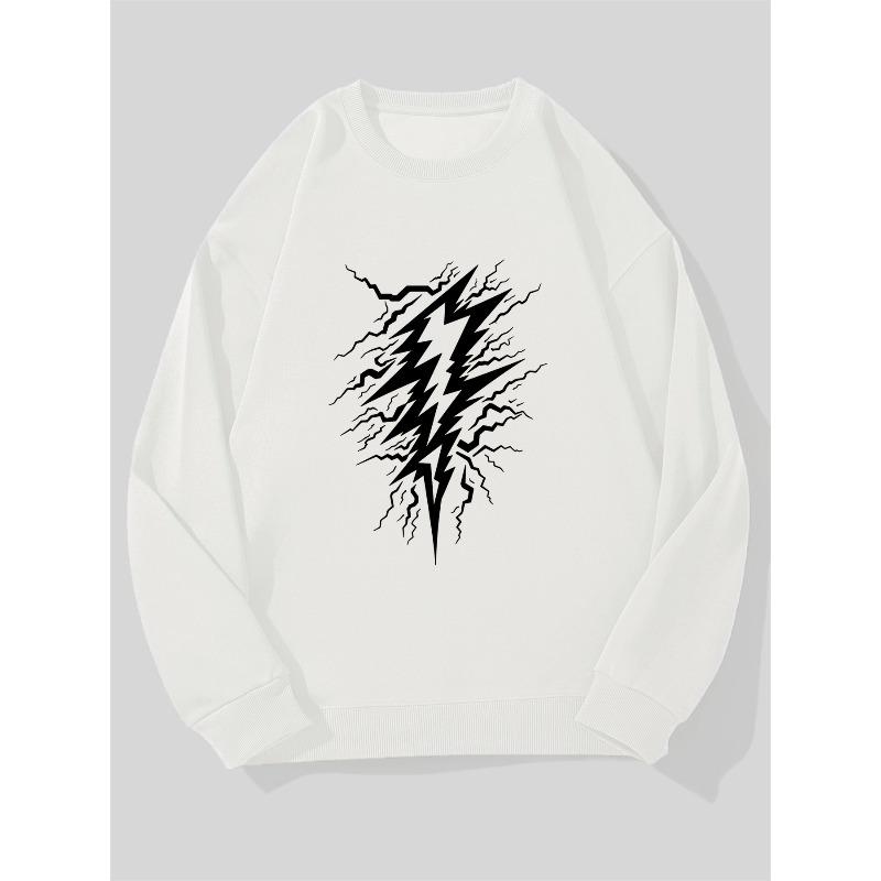 Men'S White Lightning Pattern Casual Crew Neck Sweatshirt 100% Cotton Printed Long-Sleeve Crew Neck Pullover