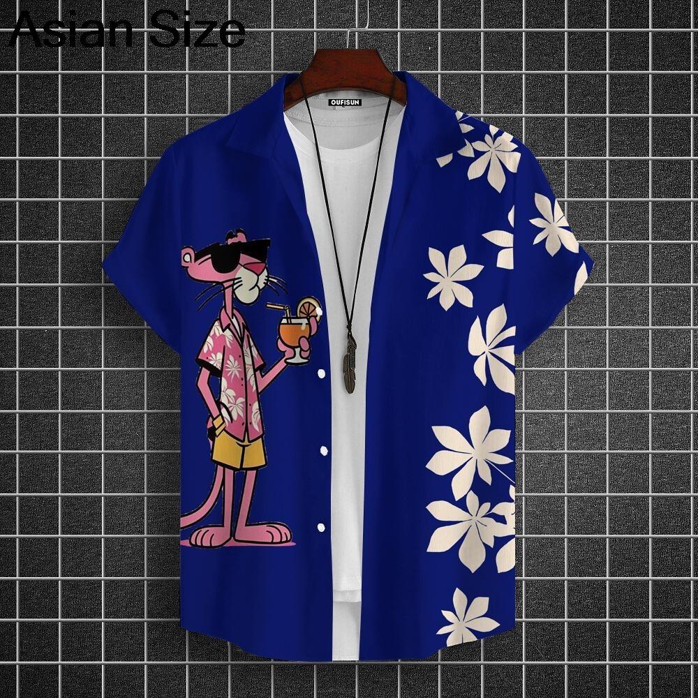 Cartoon Leopard Grafik Herren Kurzarm Hemd mit Kragen Oberteile Unisex Rosa Knopfleiste Hawaiian Hemden Sommer Täglich Damen Blusen
