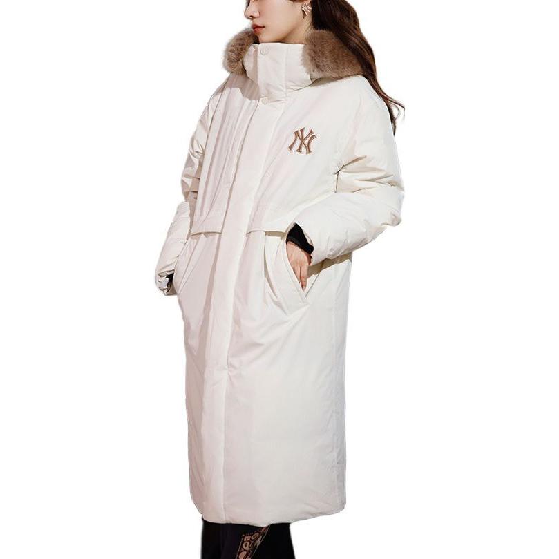 MLB New York Yankees Solid Color Label Hooded Long Sleeve Down Jacket Long Version Unisex Outerwear Cream 3ADJEC626-50CRS