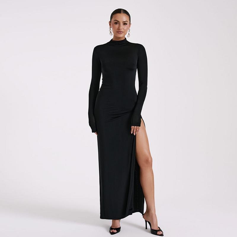 Elegant Slim Fit Long Sleeve Sexy Backless Dress Women Summer Slit Casual High Waist Black Long Dresses Women Fashion Stand Collar Party Dress 26443