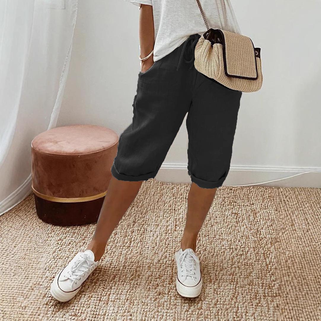 

2025 Женские хлопково-льняные эластичные брюки-капри с карманами 2XL чёрный