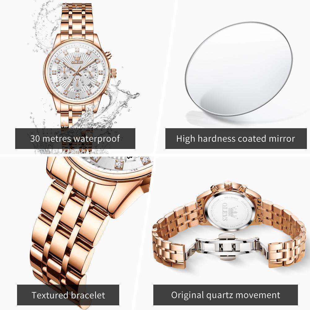 OLEVS 3669 Fashion Original Quartz Movement Watch For Women 24-hour Display Dial Calendar Window Elegance Style Women Watch