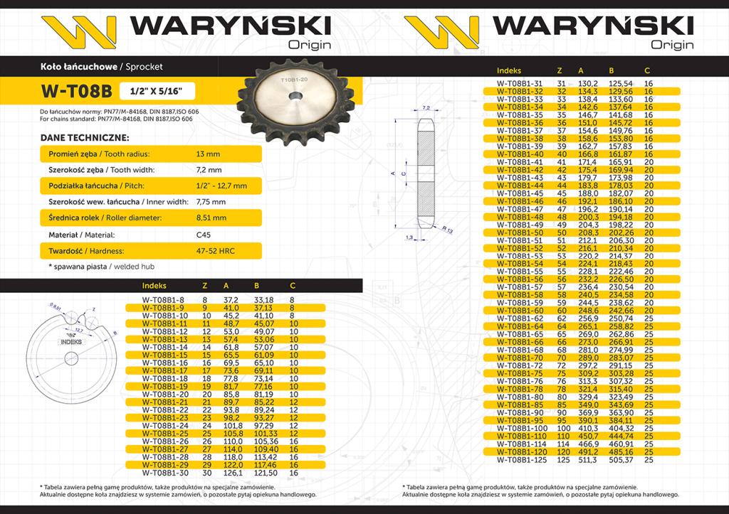 Koło Zębate Hartowane Tarcza 08B-1 (R1 1/2) Z-19 Waryński