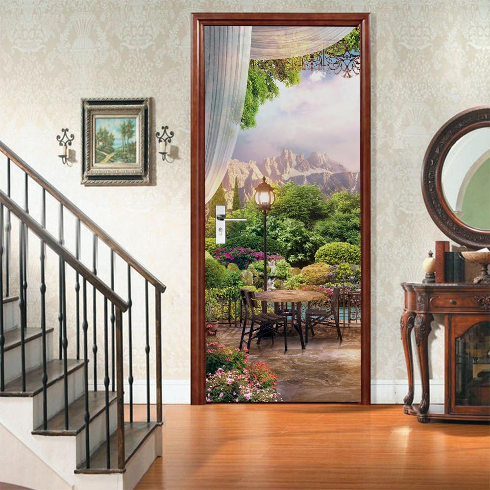 3D Door Mural Sticker Peel and Stick Door Wallpaper Golden Buddha Castle Moon Mermaid Flower Home Decor Removable