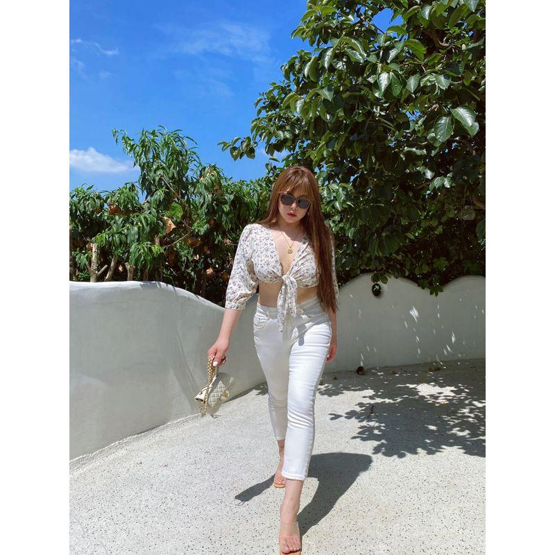 Miss Biggie Fashion Plus Size Slim Looking Easiest for Match Cotton Elastic Mid-High Waist Tight Straight-leg Cropped White Denim