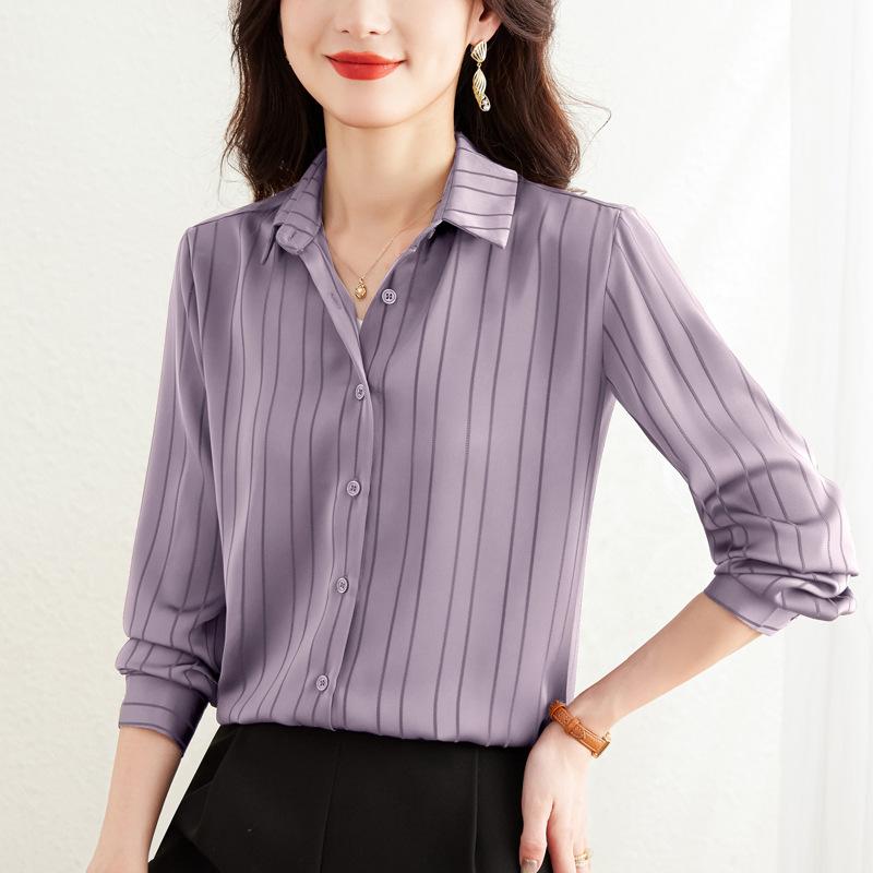 Polo Collar Striped Shirt for Women's Spring Temperament Satin Shirt Fashionable Shirt