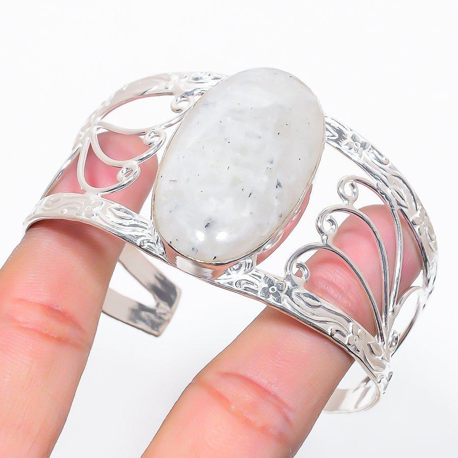 Natural Moonstone Gemstone 925 Sterling Silver Cuff Bangle Adjustable B9E02