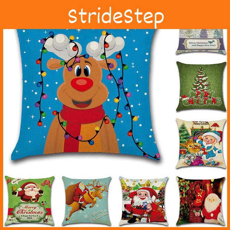 Happyspree Happy Christmas Pillow Cases Stylish Flax Sofa Cushion Covers For Festive Decor