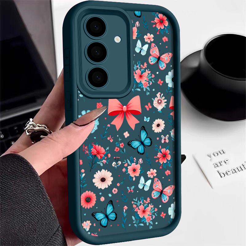 Butterfly Floral Pattern Anti-Fall Case For Samsung S25 Ultra S24 FE S23 S22 A56 A36 A26 A16 A15 A35 Matte Shockproof TPU Soft Phone Cover