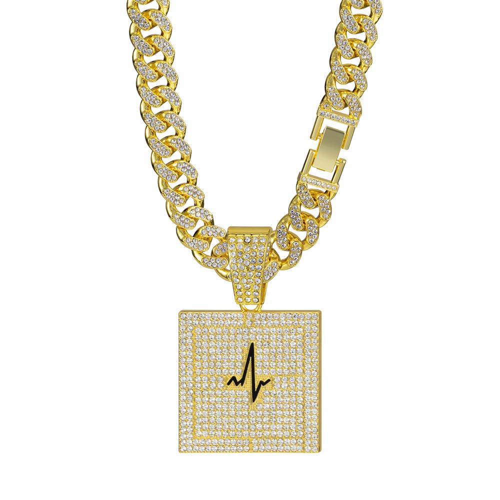 Hip Hop Electrocardiogram Lifeline Geometric Pendant Necklace With 13mm Box Buckle Cuban Chain Necklaces Fashion Jewelry For Men