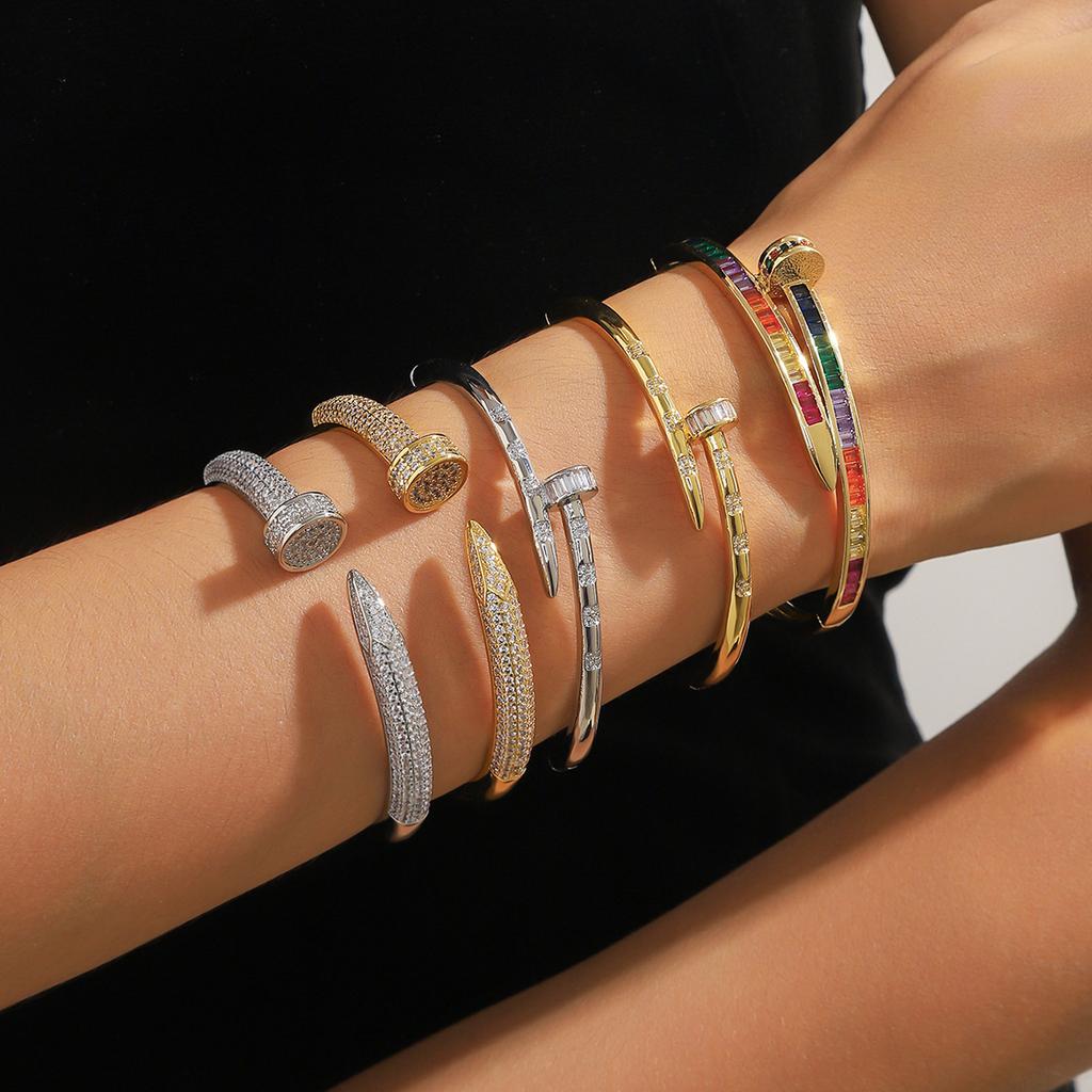 Micro Inlaid Zircon Colored Gold Copper Zircon Nail Bracelet with Adjustable Street Opening