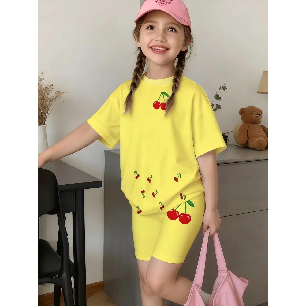 Girl Leisure Coordination Cute Kitten Heart Floral Print Short‑Sleeve Top and Elastic Biker Shorts Kid Sweet Summer Daily Garmen