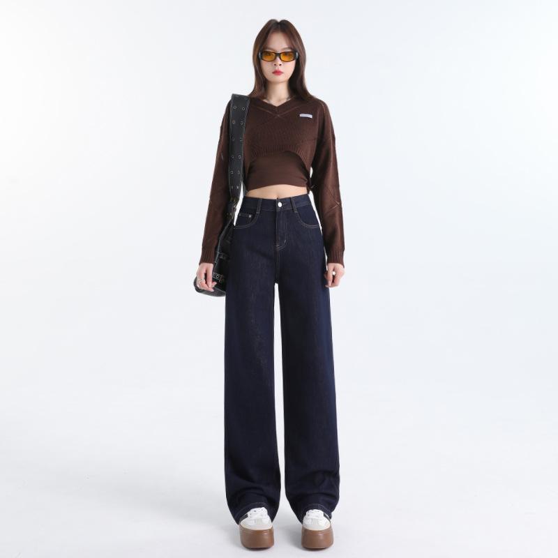 Women's Velvet Wide-Leg High-Waisted Jeans - Autumn/Winter 2025 Collection, Floor-Length Slimming Fit