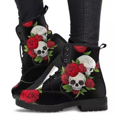 Moda 2026 Novas Botas Femininas Couro Estampado Botas de Combate Botas de Motociclista