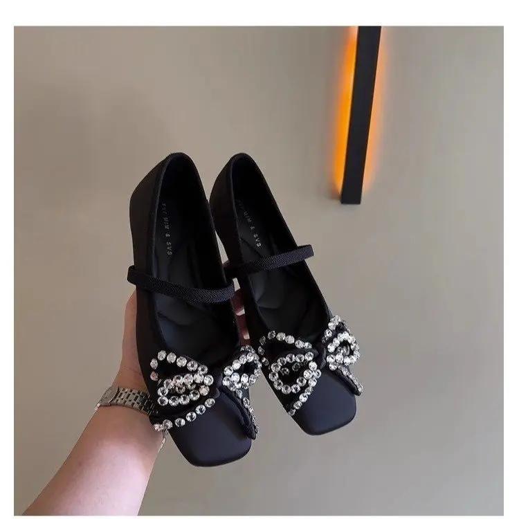 Fashion French Chic Butterfly Knot Flat Heel Women's Shoes Versatile Diamond Embellished Fairy Tale Style Spring Summer Evening Shoes