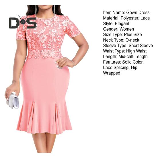 Women Plus Size Embroidery Lace Splice Dress O neck Short Sleeve High Waist Hip Wrapped Fishtail Gown Dress