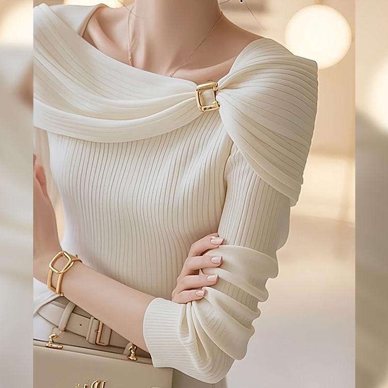Fashion Elegant One-word Shoulder Shawl Knitted Sweater Autumn Winter New Bottoming Women's Clothing Korean Style Pullover Knit Casual Sweaters 1980