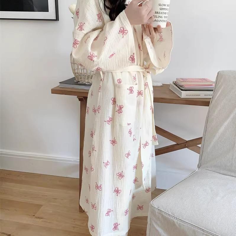 Women's Spring/Autumn Korean-Style Simple Comfortable Nightgown Pink Bow Casual Loose-Fit Loungewear Nightdress