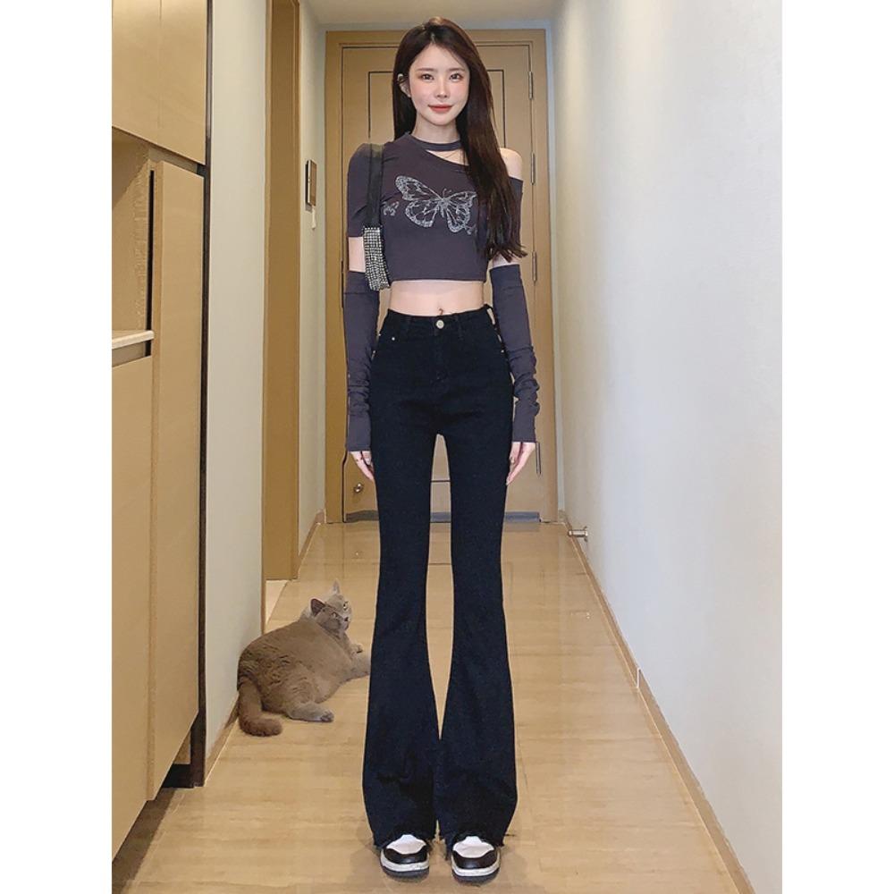 Women's High Rise Flare Jeans Slim Fit Medium Stretch Raw Hem Vintage Light Wash Denim Trousers Casual Long Pants For Spring Autumn