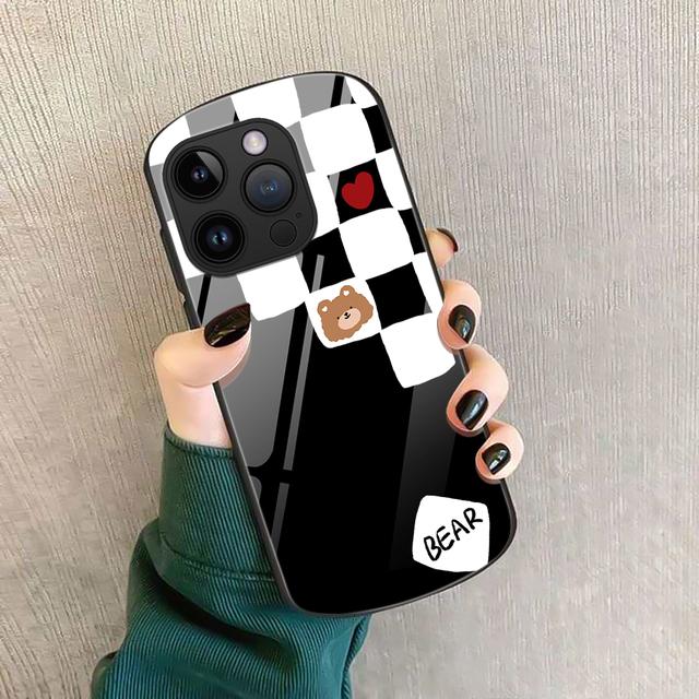 

Черно-белый чехол для телефона с клетчатым медведем для Iphone 14 11 13 12mini Pro Max Xs X Xr 7 8plus Se2022 2020 овальный стеклянный чехол Capas For iphone 8