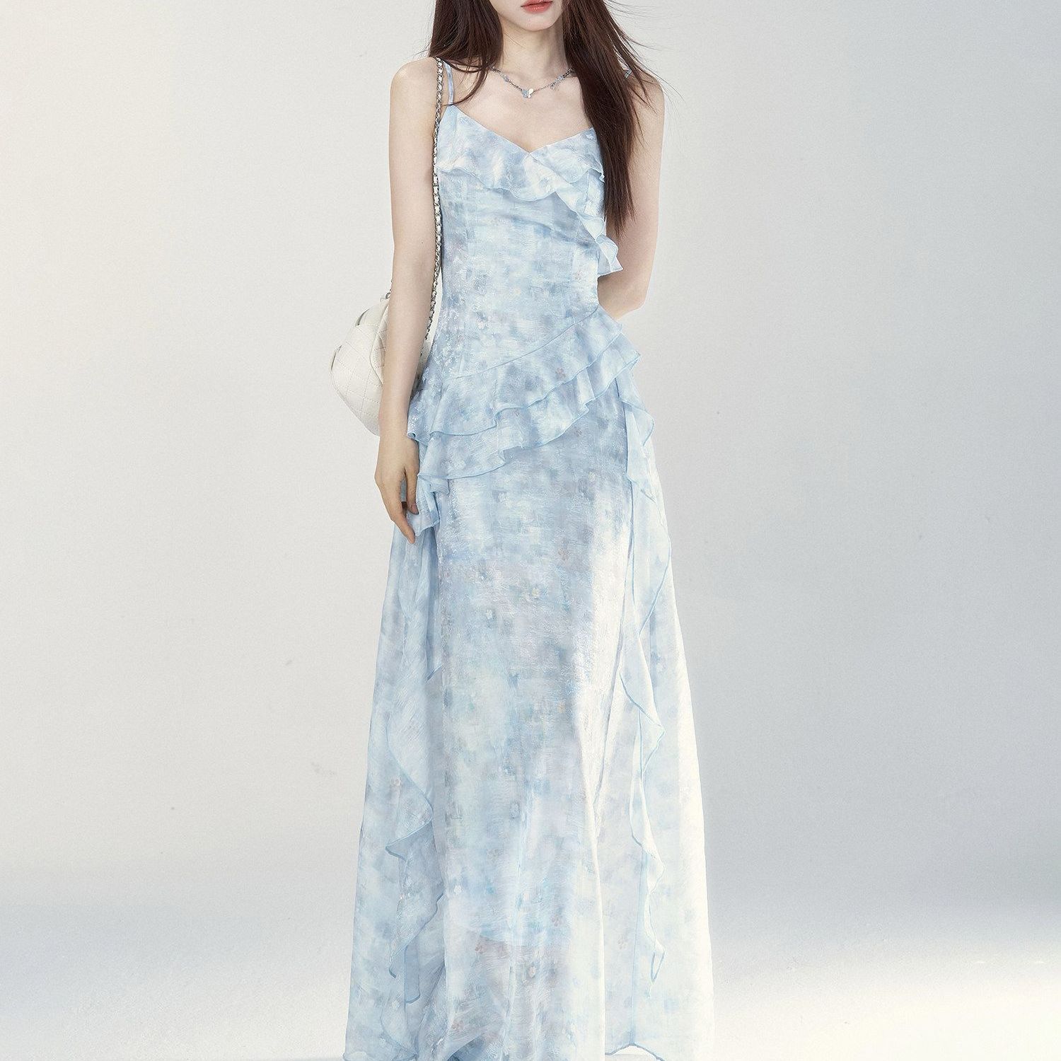 Blue splicing suspender dress dress summer new popular waist and thin temperament large size dress L( 55-65kg ) синий