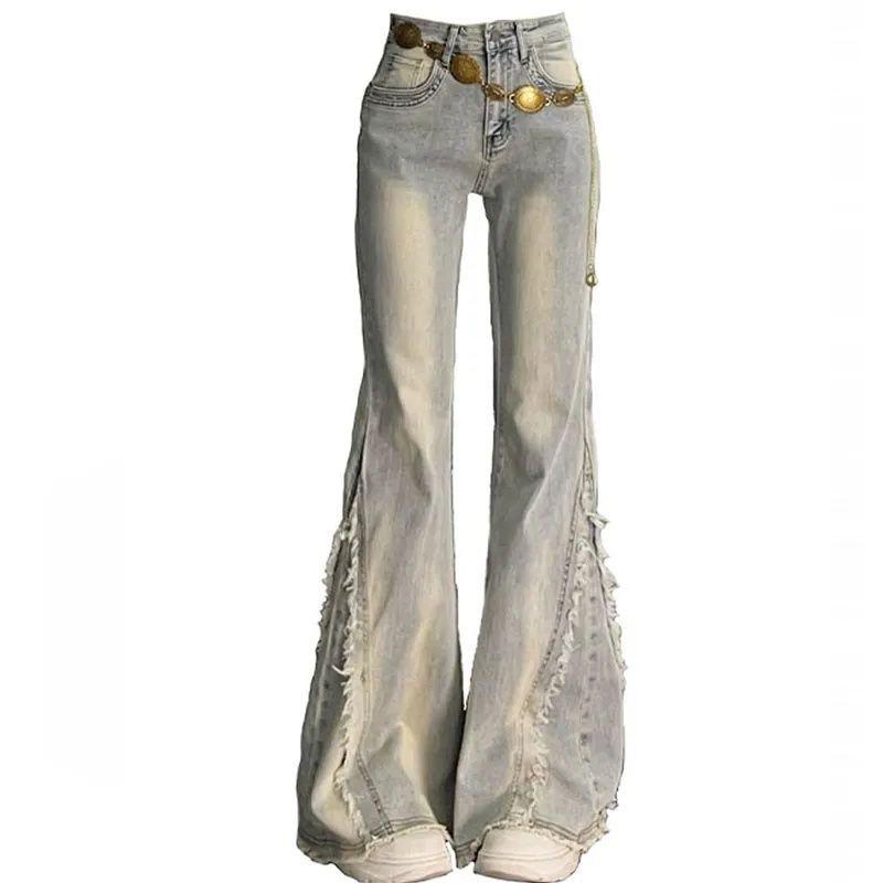American Retro High-waisted Micro-flared Jeans Women's Rough Edge Splicing Design Sense Slim and Thin Straight Horseshoe Pants