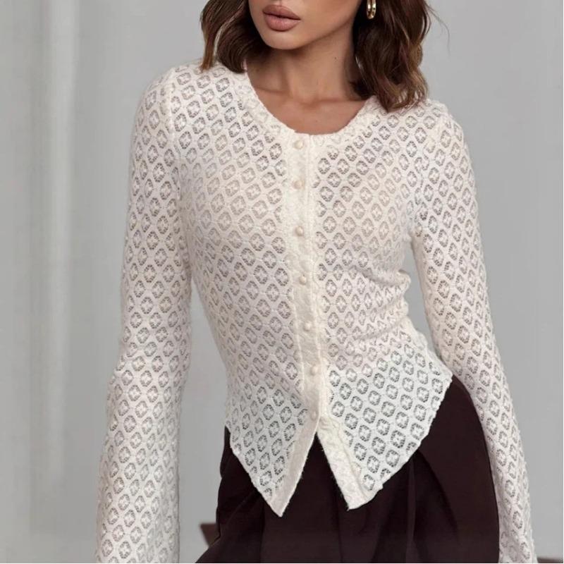 Women S Lace Knit Cardigan Long Sleeve Flared Cuff Slim Fit Commute Top S абрикосовый