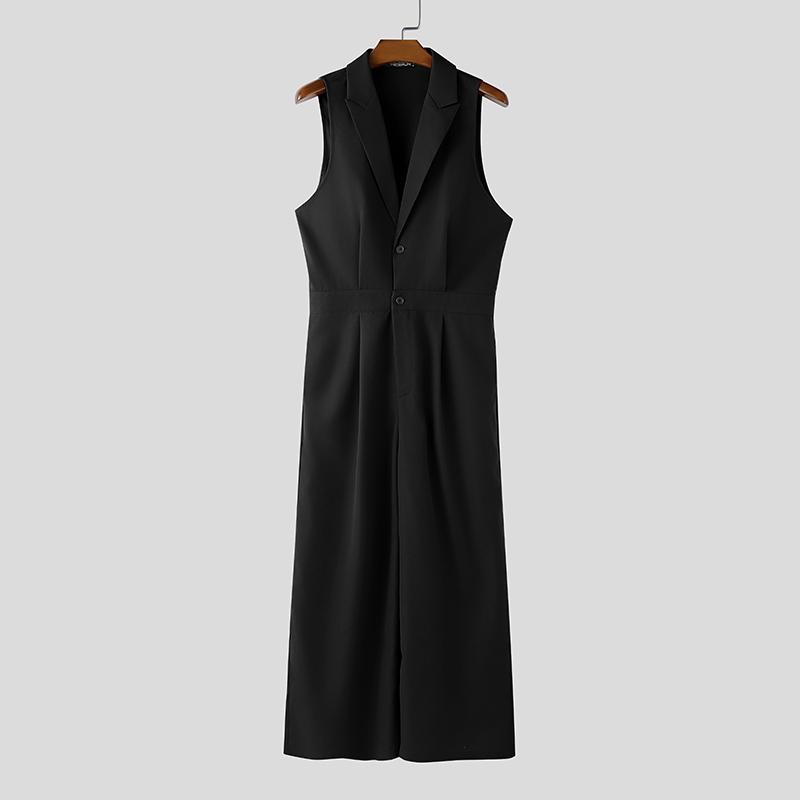 INCERUN Men Lapel Neck Sleeveless Button Up Casual Loose Long Rompers Jumpsuits