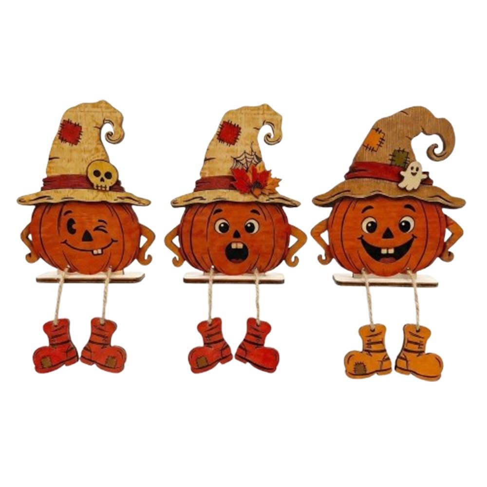 3Pcs Vintage Pumpkin-Shaped Wooden Ornaments 2D Flat Face Pumpkin Display Decor Holiday Gifts