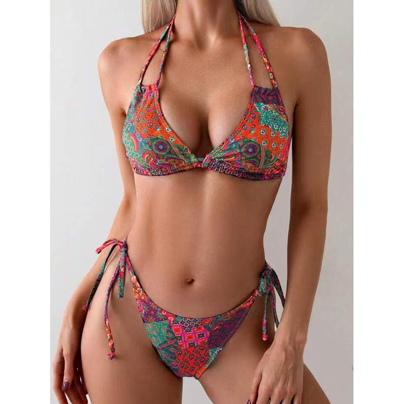 Women's Bikini Suit New Summer Sexy Floral Double Spaghetti Straps Two Piece Swimming Set Ladies Bathing Suit