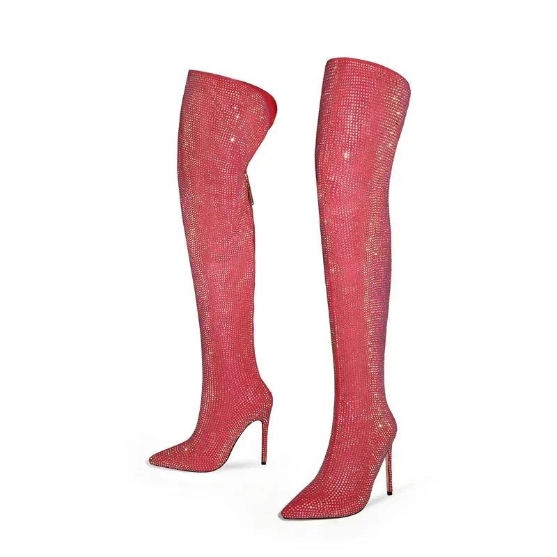 Fashion Silver Black Rhinestone 12cm High Heel Long Boots New Fashion Show Shiny Diamond Pointed Women's Over The Knee Boots Size 34-46