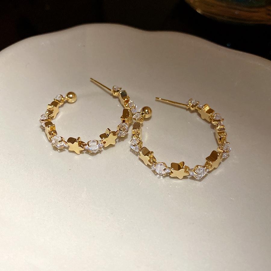 Silver needle zircon star C-shaped earrings light luxury high-end stud earrings fashionable exquisite niche design earrings