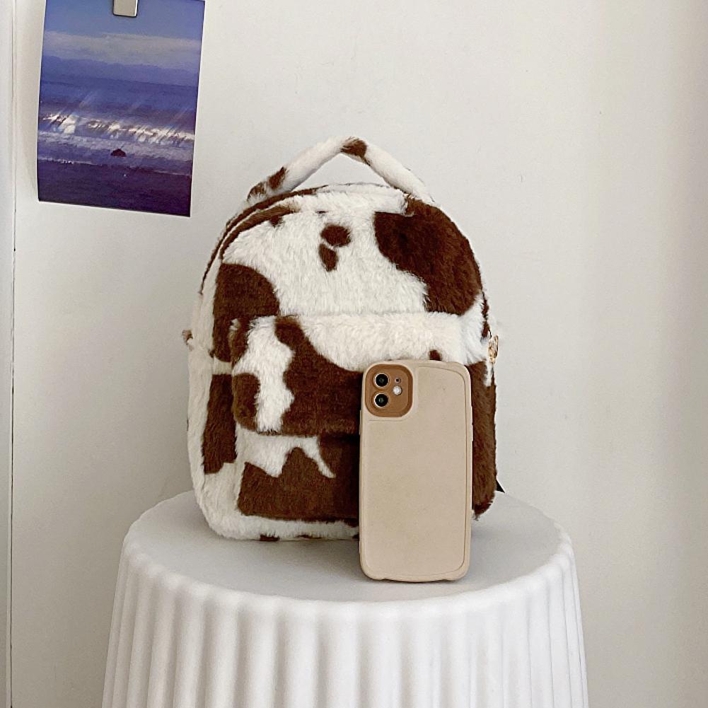 Milk Cow Pattern Plush Backpacks Versatile Women Cartoon Daypack Adjustable Strap Multifunctional Shopping Backpack