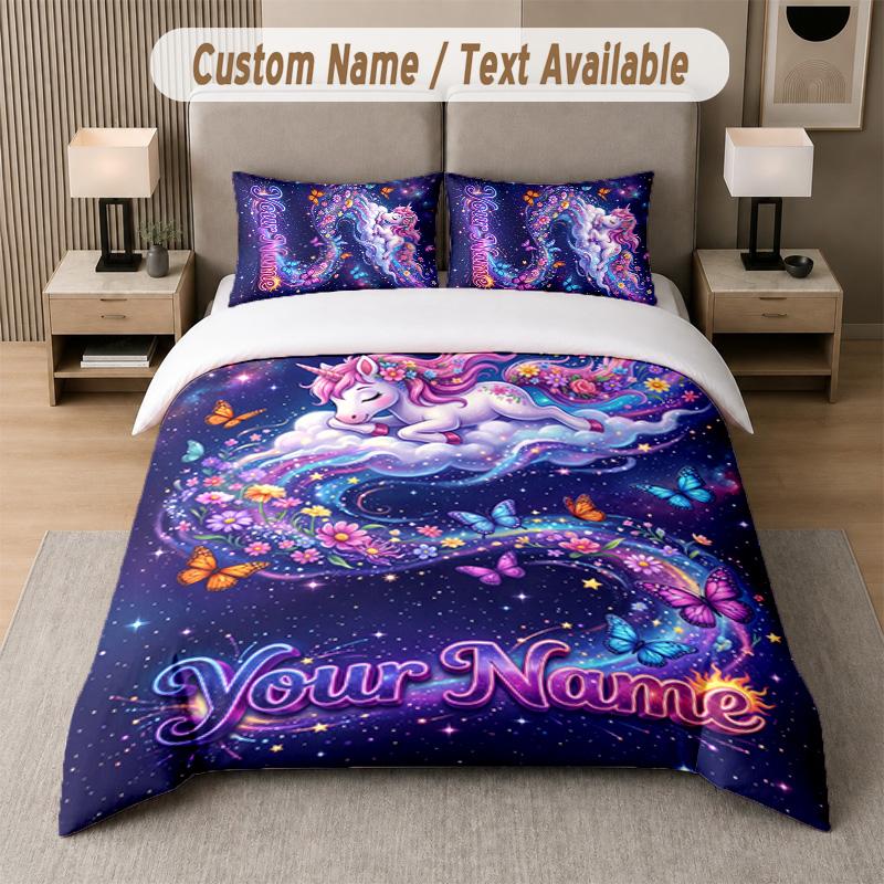Unicorn Theme Custom Text Or Name 3Pcs Bedding Set 1 Flat Sheet & 2 Pillowcases Personalized Home Bedding