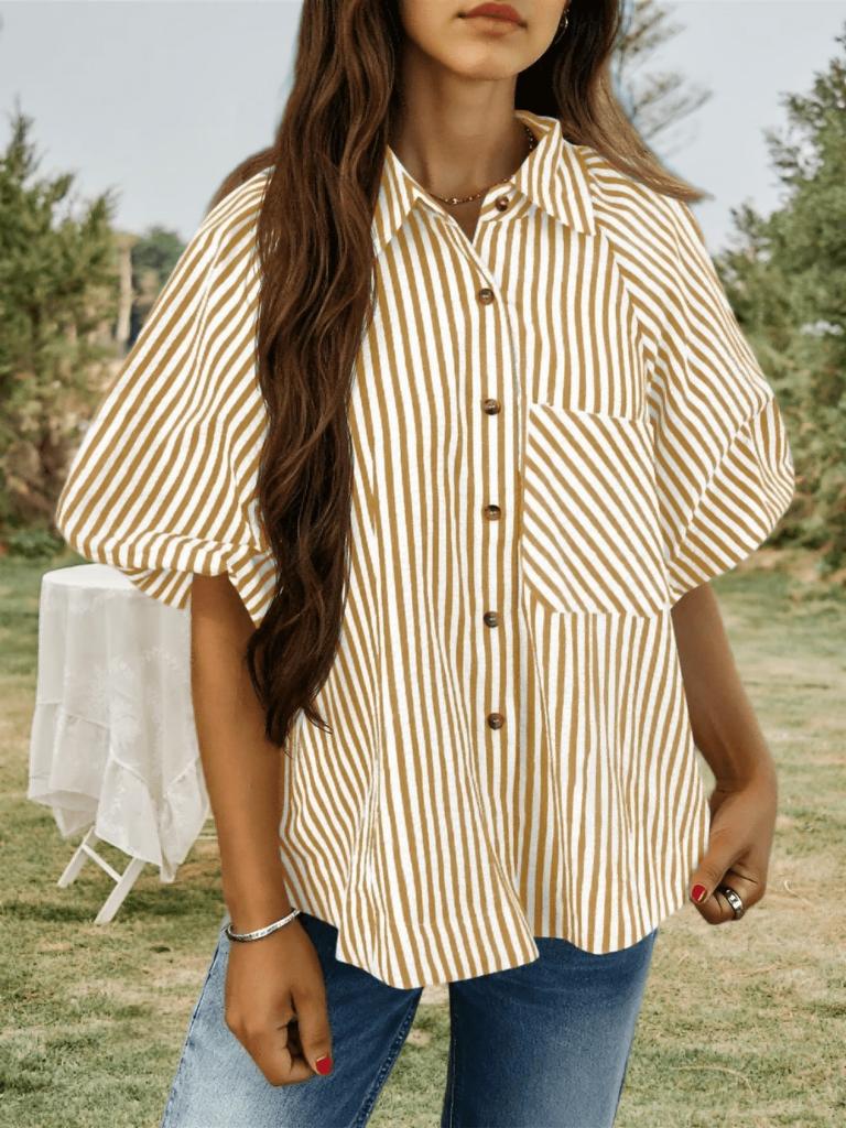 Blusa de Mujer Rayada con Mangas Abullonadas, Cuello en V, Cuello Camisero, Botones, Top Holgado