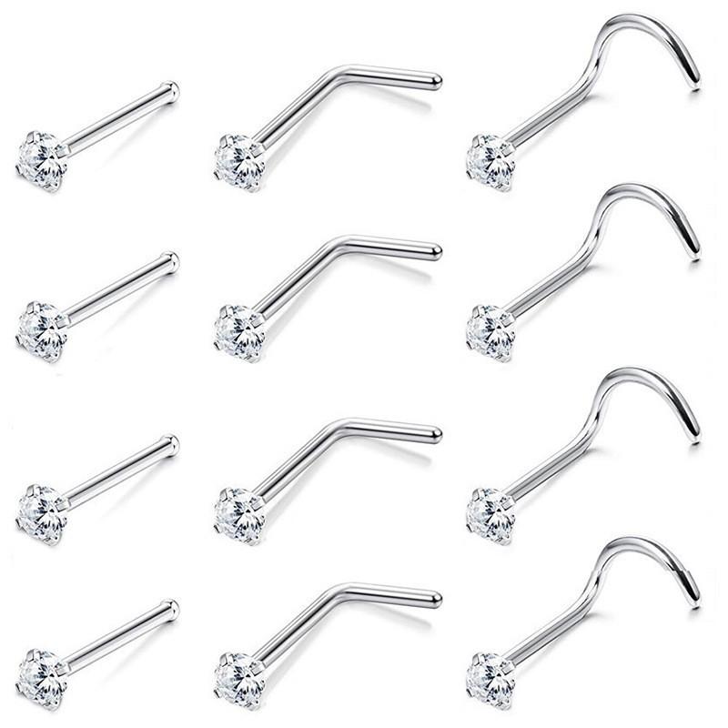 Multi-Color Zircon Stainless Steel S-Bar Nose Studs Jewelry