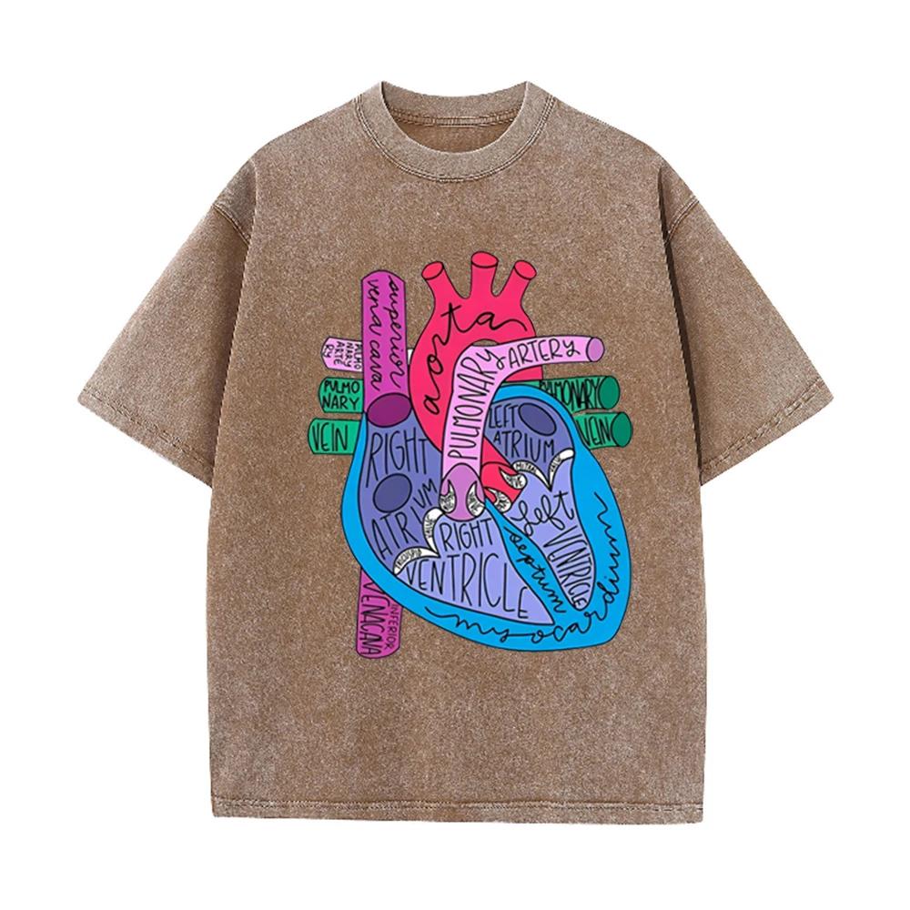 2026 Unisex Vintage Washed Cotton Tee Color Block Anatomy Heart Print Casual Round Neck Short Sleeve Medical Daily Tops