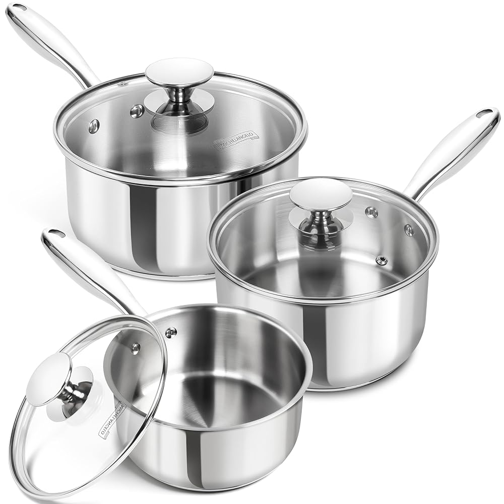 

MICHELANGELO Stainless Steel Saucepan Set with Lid, Stainless Steel Non-stick Saucepan Set 3-piece, All Stovetop Compatible